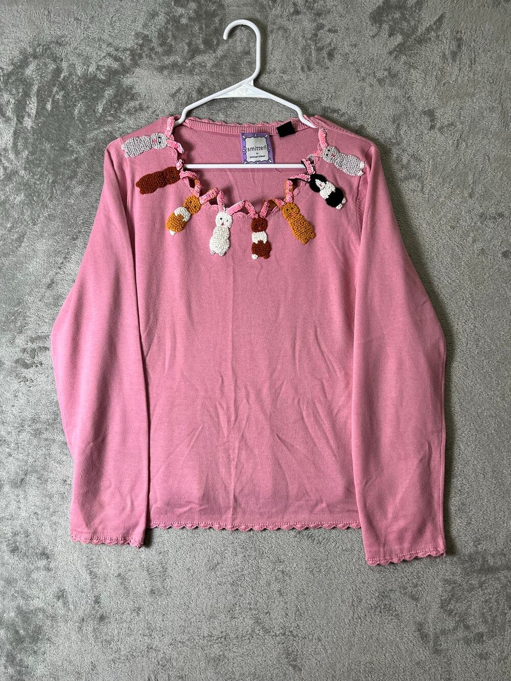 Smitten by Michael Simon Pink 3D Crochet Bunny Rabbit Sweater Whimsical Novelty